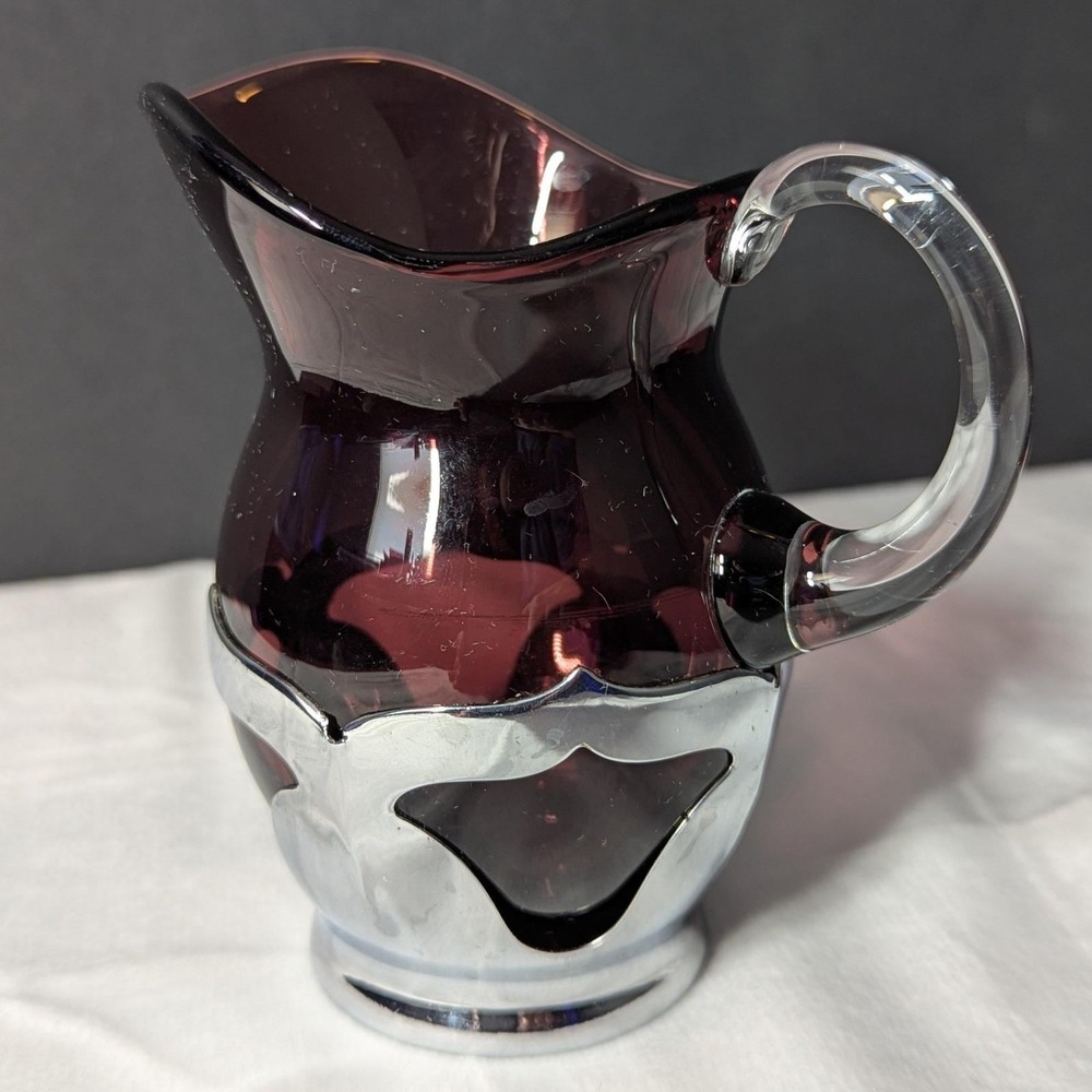 Vintage Farber Bros Krome Kraft Amethyst Purple Cambridge Glass Pitcher Art Deco